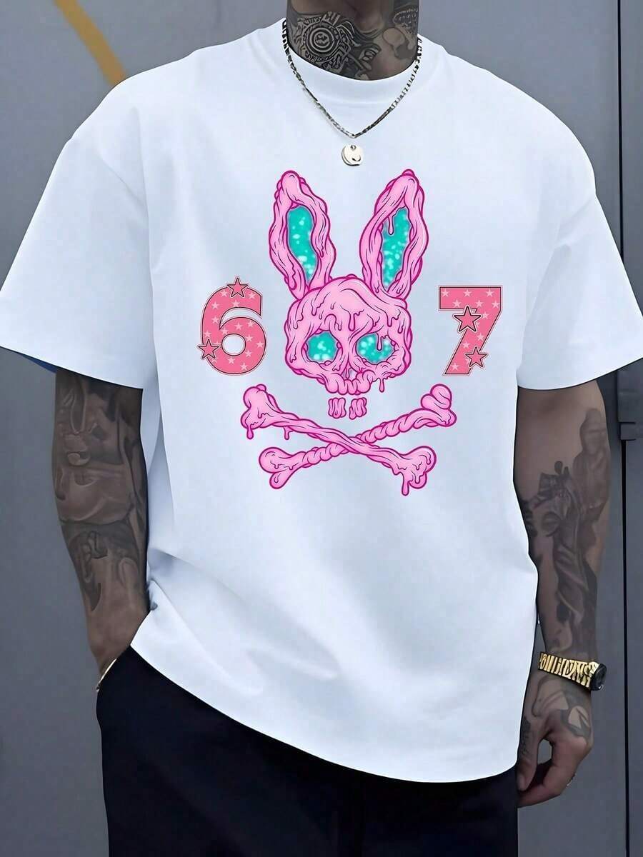 1 pieza Camiseta de hombre con estampado gráfico de conejo rosa derretido y calaveras con huesos cruzados, estilo punk urbano, 100% algodón, 220g, estilo Y2K, ropa urbana genial con estampado digital, regalos para hombres. - Blanco - Ver 1