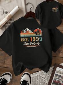 Montañas blancas y palmeras frente a un atardecer en tonos cálidos evocan tranquilidad y celebración del tiempo camiseta de mujer con estampado doble moderno y mensaje positivo vintage - Negro - Ver 1