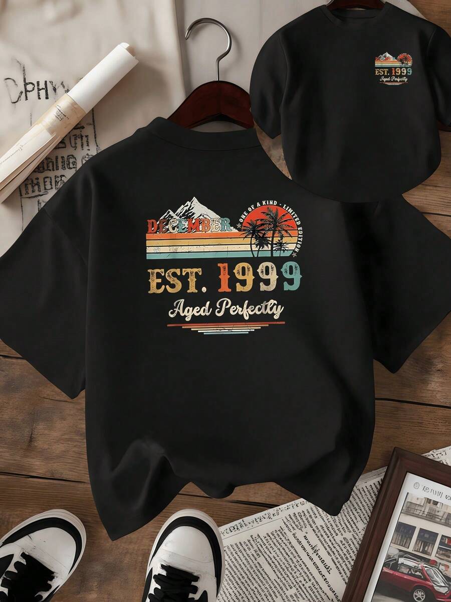 Montañas blancas y palmeras frente a un atardecer en tonos cálidos evocan tranquilidad y celebración del tiempo camiseta de mujer con estampado doble moderno y mensaje positivo vintage - Negro - Ver 1