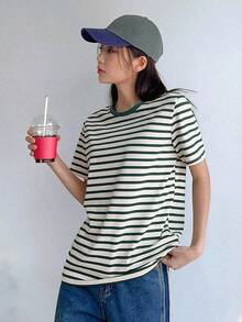 Camiseta de manga corta a rayas contrastantes, verano - Verde - Ver 6