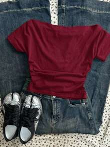 Camiseta de manga corta ajustada con hombros descubiertos y pliegues en la cintura, con estampado de limón, adecuada para el verano - Burdeos - Ver 2