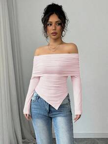 Camiseta elegante de mujer con hombros descubiertos, solapa ancha, dobladillo con cordón y ajuste delgado, para primavera y otoño - Rosa - Ver 4