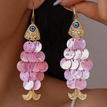 1 Pair Creative Fish Shaped Shell Tassel Earrings, Elegant Personalized Accessories With Beach Vacation Vibe - hồng - Xem 2