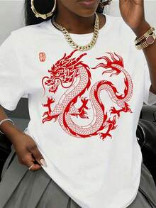 1 Piece Women's Red Dragon Print T-Shirt, Casual Short Sleeve Top, Chinese Mythical Creature Design, Fashion Clothing, 220g180g 100% Cotton. - 白色 - 查看 3
