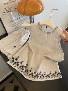 Camisa casual sin mangas de cuello redondo estilo vintage para mujer, estilo de vacaciones de verano - Albaricoque - Ver 5