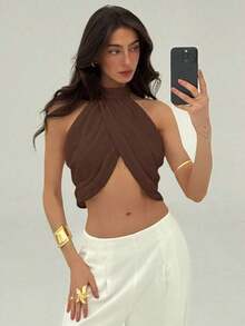 Blusa elegante y sexy para mujer con cuello cruzado, fruncido en la espalda y botones, de estilo casual y de vacaciones, de gasa - Marrón - Ver 6