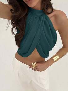 Blusa elegante y sexy para mujer con cuello cruzado, fruncido en la espalda y botones, de estilo casual y de vacaciones, de gasa - Verde Oscuro - Ver 7