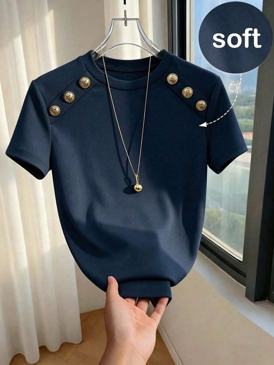 Camiseta ajustada de mujer de manga corta con cuello redondo y decoración de botones en color albaricoque, adecuada para uso diario, casual y versátil, top casual de verano para mujer con botones - azul real - Ver 1