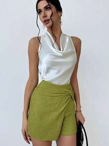 Blusa de mujer simple y elegante en tono albaricoque con cuello en V y corbata en la cintura. - Albaricoque 2 - Ver 5
