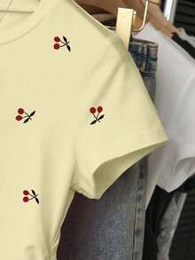 Blusa de manga corta con cintura fruncida y versátil, con estampado de cerezas en todo el diseño, para verano - Amarillo claro - Ver 6