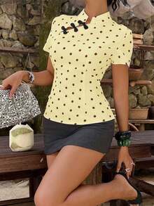 Blusa de cuello Mao de manga corta con cintura ceñida, estilo chino nuevo en color albaricoque, nuevo diseño de primavera/verano para mujer - Amarillo claro - Ver 8