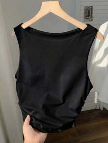 2 piezas Camiseta ajustada con pliegues versátil y casual para mujer - Negro 2 - Ver 2