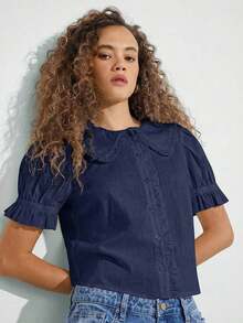 Camisa casual con cuello de volantes, mangas cortas abultadas y abotonadura, top lindo de otoño, ropa bohemia, atuendo de regreso a la escuela, para otoño, invierno, vestimenta occidental para mujer - Azul marino - Ver 4