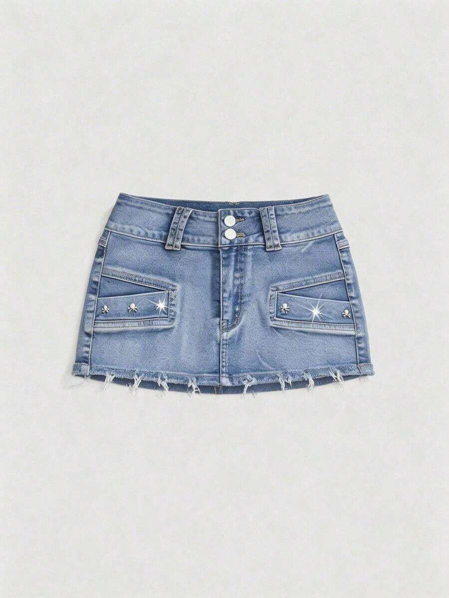 Grunge Punk Minifalda de mezclilla sexy de talle súper bajo con tachuelas y calavera vintage desgastada - Lavado ligero - Ver 1