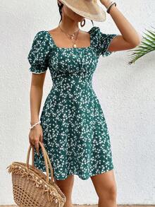 Vestido casual de mujer con estampado floral ditsy para vacaciones - Verde - Ver 5
