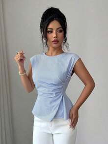 Conjunto de primavera para mujer para exteriores, adecuado para Año Nuevo, Día de San Valentín, Pascua, Día de la Madre, fiesta de Oriente Medio, boda, elegante vacación romántica francesa, lugar de trabajo, blusa sin mangas con cintura ceñida y v - Azul y blanco - Ver 5