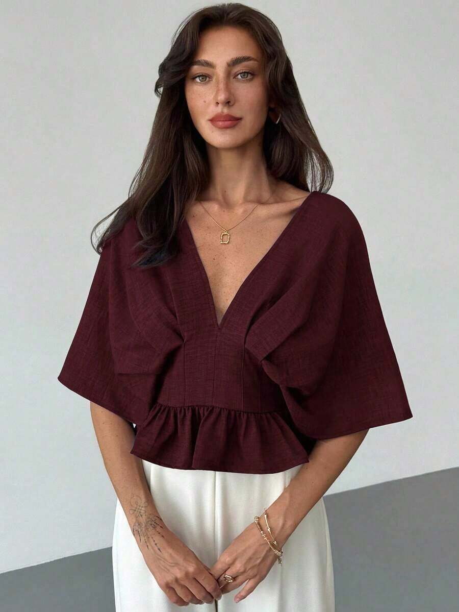 Blusa de manga de murciélago de unicolor elegante para mujer, de verano - Burdeos - Ver 1
