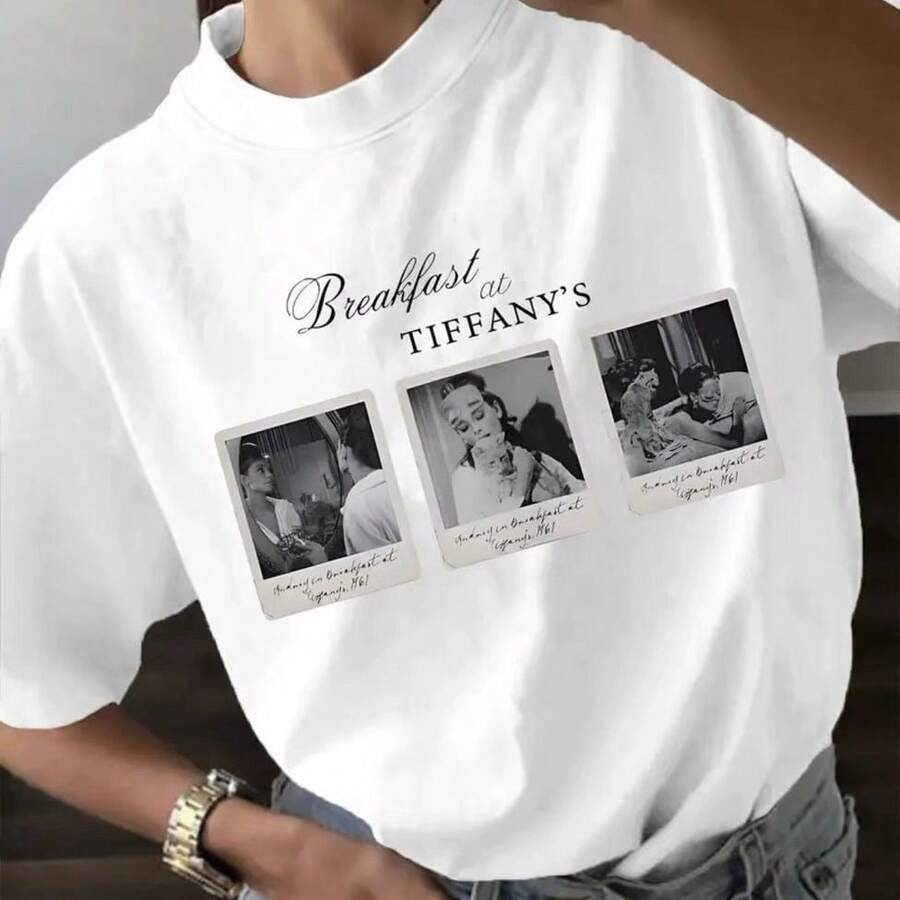 Camiseta de manga corta con estampado fotográfico retro americano, estilo casual europeo y americano, versátil y que rejuvenece. - Blanco - Ver 1