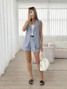 Conjunto de chaleco y pantalones cortos casuales para mujer, atuendo para ir al trabajo - Azul - Ver 4