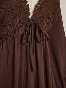 ICON Vestido mini de talla grande de unicolor casual con parches de encaje para mujer, ropa de otoño - Marrón - Ver 7