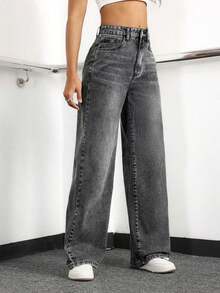 Jeans de mezclilla de pierna ancha recta de diseño simple con cintura alta para mujeres a la moda - Gris Claro - Ver 5