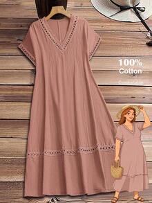 Vestido casual holgado de unicolor con cuello en V y mangas cortas para mujer de talla grande - Rosa vieja - Ver 1