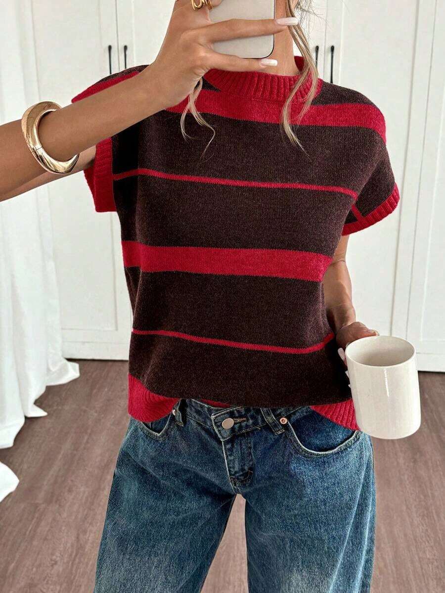Top de punto a rayas de colores contrastantes para mujer - Rojo - Ver 1