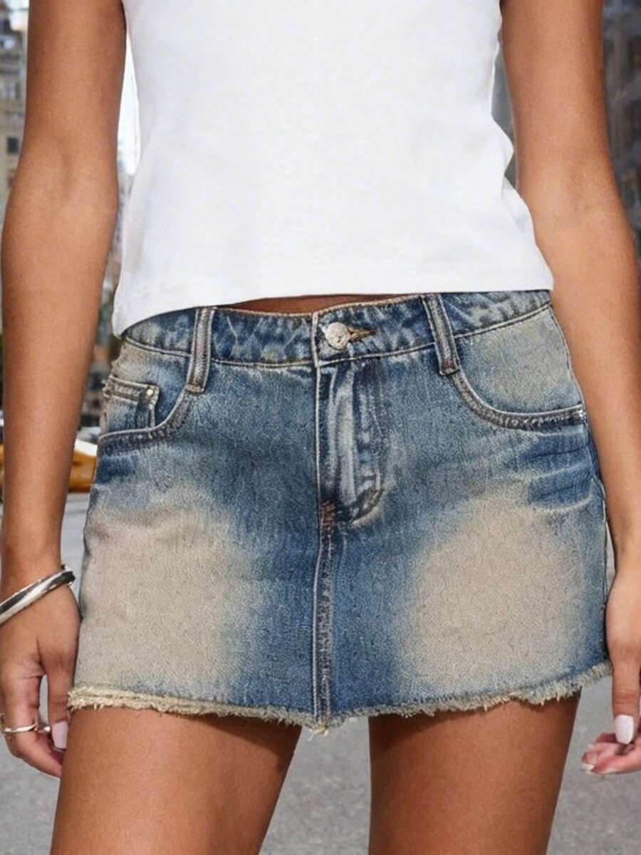 Women Denim Skirt Fashion Frayed Hem Summer Washed Low Rise Bodycon Mini Skirts - Blue - View 1