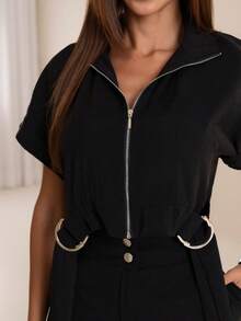 Women's Long Tailored Linen Set - Cropped Blouse And Pants - BLACK LINEN - View 2