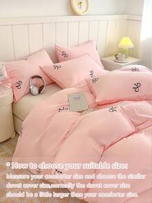 3pcs Embroidered Bowknot Solid Color Bedding Set, Cute & Fresh Pattern, 100% Polyester Material. Set Includes: 1 Duvet Cover With 4 Corner Ties & Zipper, 2 Pillowcases. Suitable For Wedding/Bedroom/Dorm/Travel - Pink - View 6