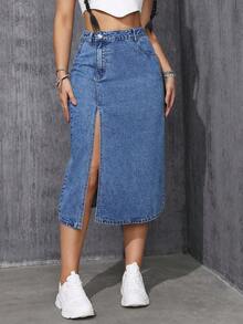 ICON Falda Vaquera Con Abertura Para Mujeres - Azul lavado medio - Ver 4