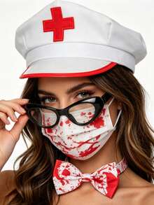 Halloween Funny Prop Set | Blood-Splattered Nurse Hat + Mask + Bow Tie + Glasses Cosplay Costume Set For Escape Room / Haunted House Theme Events: Cosplay Convention / Dress-Up Party - Multicolor - View 1