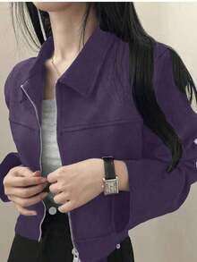 Chaqueta con cremallera de unicolor y cuello de ante sintético para mujer, uso casual para la escuela, el aeropuerto, primavera/otoño - Morado - Ver 2