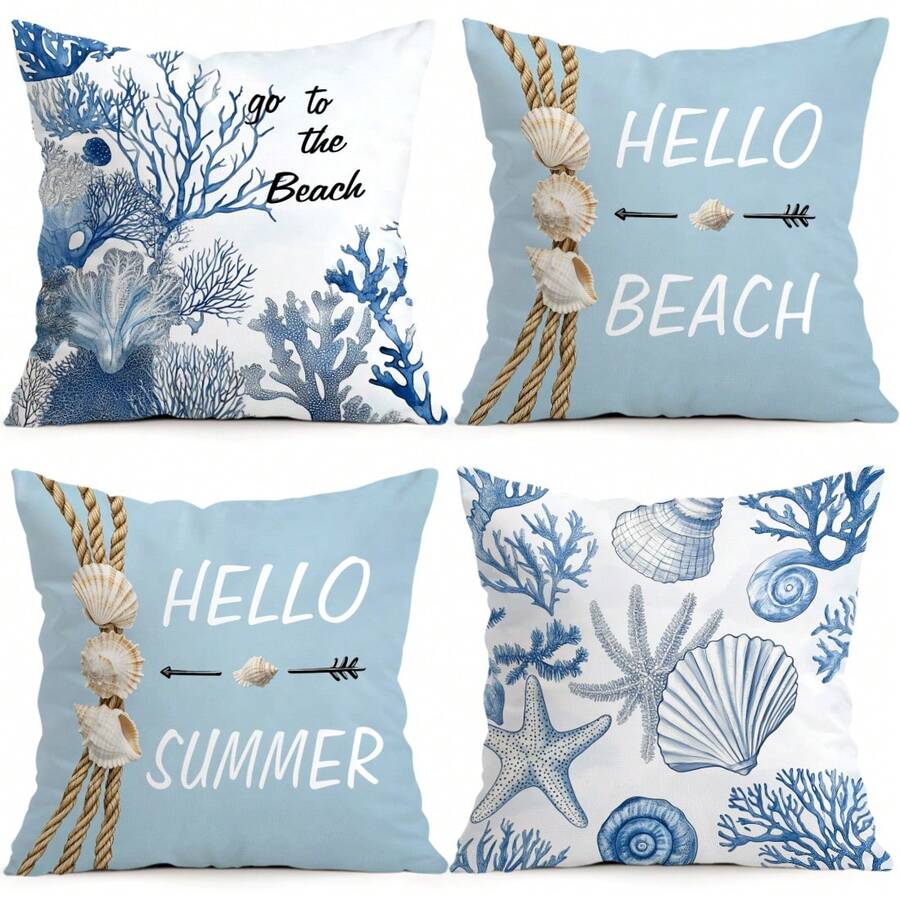 4pcs/Set Ocean Coral & Shell Pattern Pillow Cover, Single-Sided Printed Cushion Cover, Suitable For Living Room, Bedroom, Home Decor, All Seasons - Multicolor - View 1