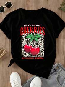 Summer Vibes Women's Crew Neck T-Shirt With Cherry And Leopard Print, Hand-Selected Cherries, Premium Quality Graphic T-Shirt, Casual Everyday Wear - Vintage Urban Style, Unisex Loose Fit Short Sleeve Crew Neck Cotton T-Shirt - 黑色 - 查看 2