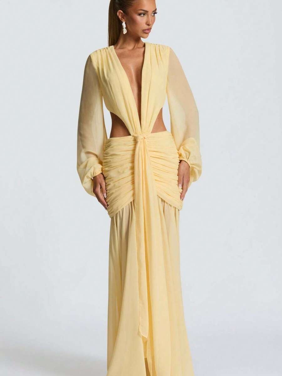 Vestido largo de gasa manga larga espalda descubierta color liso elegante - Amarillo - Ver 1