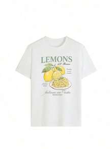 Camiseta de verano para mujer con estampado de limones y pasta, hombros caídos, estilo oversize, informal, para vacaciones, con estética italiana, estilo urbano, camiseta gráfica, transpirable, de corte holgado, para uso diario, viajes a la playa, escapadas de vacaciones, reuniones de fin de semana, camiseta cómoda de estilo retro Y2K de moda para looks virales e ideas de atuendos modernos. - Multicolor - Ver 3
