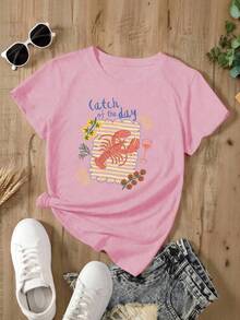 Camiseta oversize rosa de verano para mujer con estampado de peces y rayas Camiseta casual rosa de manga corta con gráfico de peces, ideal para looks de verano - YH493 - Rosa - Ver 2