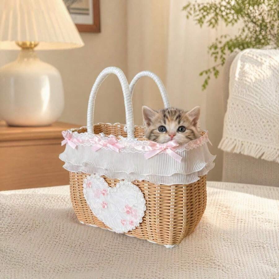 PINCOOL Keranjang Hewan Peliharaan Anyaman Bordir Hati Berenda, Cocok Untuk Kucing & Anjing Kecil untuk Perjalanan Luar Ruangan - Biru - View 1