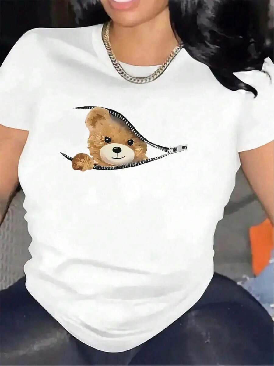 Women's Teddy Bear Print T-Shirt - Lightweight Polyester Top, Casual And Formal For Everyday Wear, Machine Washable, Ideal For Home, Office Or Dinner, Breathable Material, Stylish Blouse, Adults 4NDY - 白色 - 查看 1