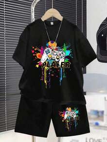Conjunto de 2 piezas: Camiseta de manga corta con cuello redondo y estampado gráfico de gamepad, estilo casual minimalista y colorido, y pantalones cortos, adecuado para adolescentes en verano. - Blanco - Ver 5