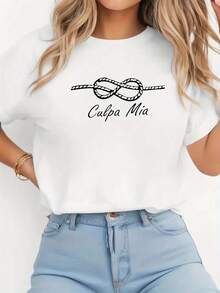 Camiseta de manga corta para mujer con estampado "Culpa Mia", cuello redondo, primavera/verano, 100% algodón.ropa de calor mujer - Blanco - Ver 1