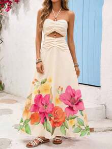 Vestido de gasa con estampado para primavera y verano con cuello de halter para mujeres - Multicolor 3 - Ver 3