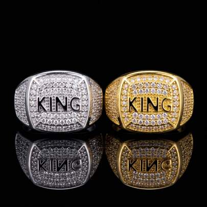 1 pieza Anillo con corona de letra chapado en oro de aleación con rhinestones, estilo hip hop para hombres, fiesta de rap y club