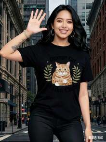 Camisetas de manga corta para mujer, camisetas estampadas interesantes, ropa hermosa. Camiseta de algodón blanca con estampado de gato naranja y la frase "Mama Club", ropa casual para mujeres y hombres. - Negro - Ver 7