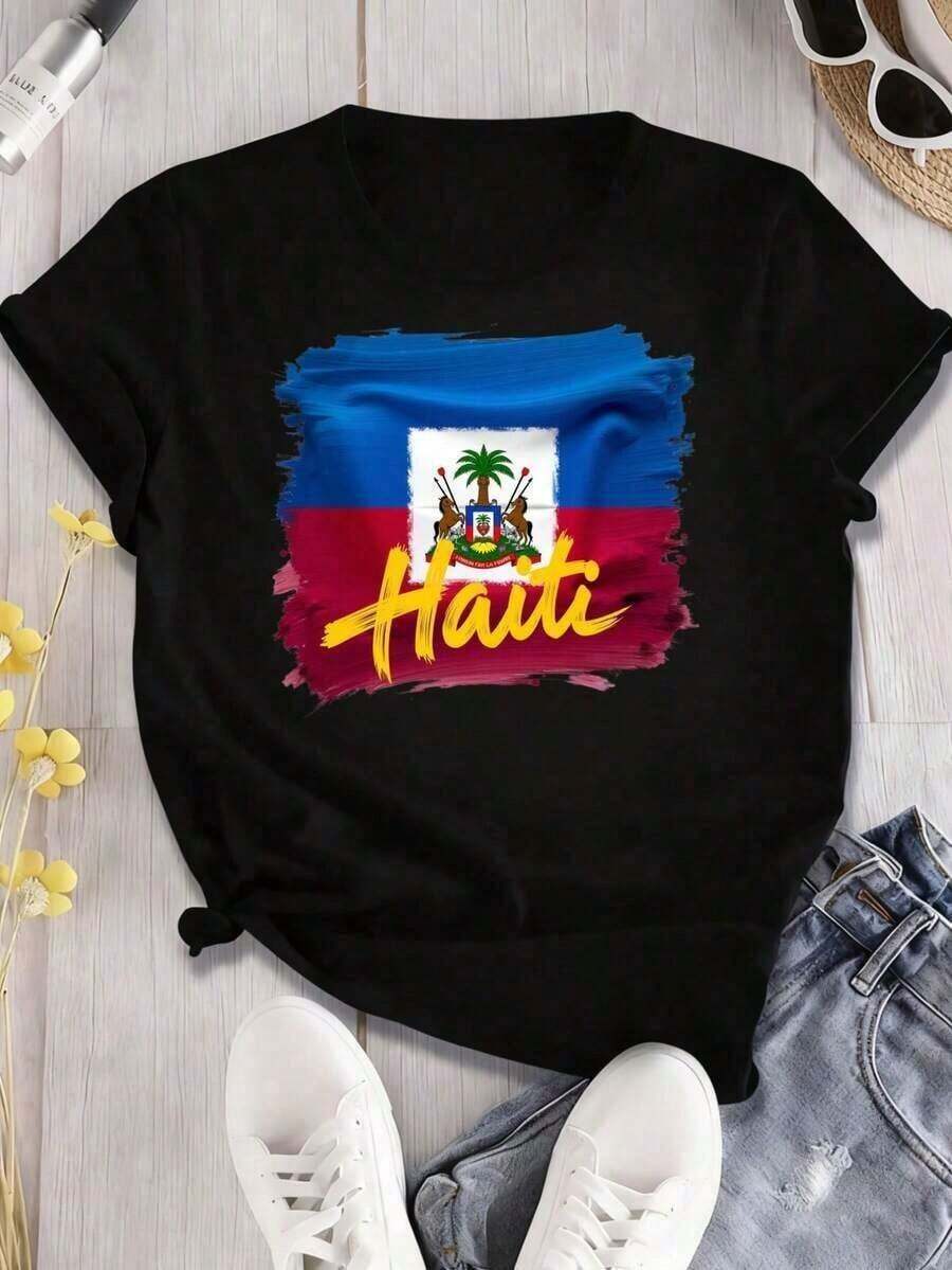 Vintage Short-Sleeved Shirt With Haitian Flag Print, 100% Cotton, Breathable, Loose Fit, Casual Style, Comfortable And Breathable. - 黑色 - 查看 1