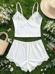 2 Pcs Sexy Women's Lingerie Set Adjustable-Strap Bow-Detail Pullover Top & Boxer-Style Shorts Lace-Accented Push-Up Solid-Color Sleepwear Home - White - View 4