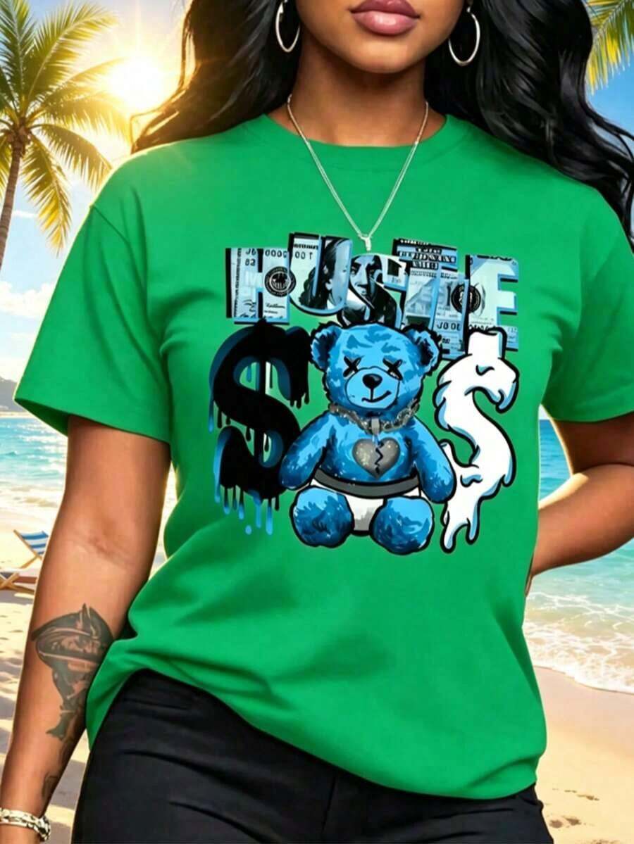 1 Piece Casual Fashion For Men And Women Spring Clothes Women Light Blue Bear Pattern Printed T-Shirt - Short Sleeve Round Neck Casual Top With Effort Slogan And Dollar Sign Design, Machine Washable Suitable For All Seasons, Comfortable Loose Fit And Comfortable Summer Versatile Style, Easy To Match, Suitable For Daily Wear, Urban Style, Holiday Outfits, Weekend Outfits. - 綠色 - 查看 1