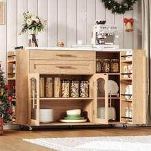 Mobile Kitchen Island With Folding Worktop, Kitchen Trolley, 5 Wheels, Multiple Storage Compartments, Spice Rack, Cutlery Drawer, 120 X 45 (70) X 90 Cm - 自然色 - 查看 4