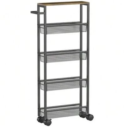 Kitchen Trolley/Serving Trolley With 5 Shelves, Rolling Kitchen Rack With Countertop, Wheels And Handle, 47 X 13 X 96.5 Cm, Black